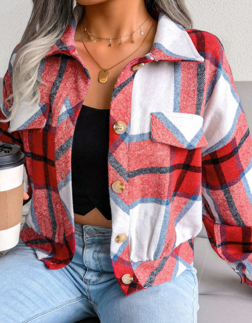Load image into Gallery viewer, Plaid Collared Neck Drop Shoulder Jacket
