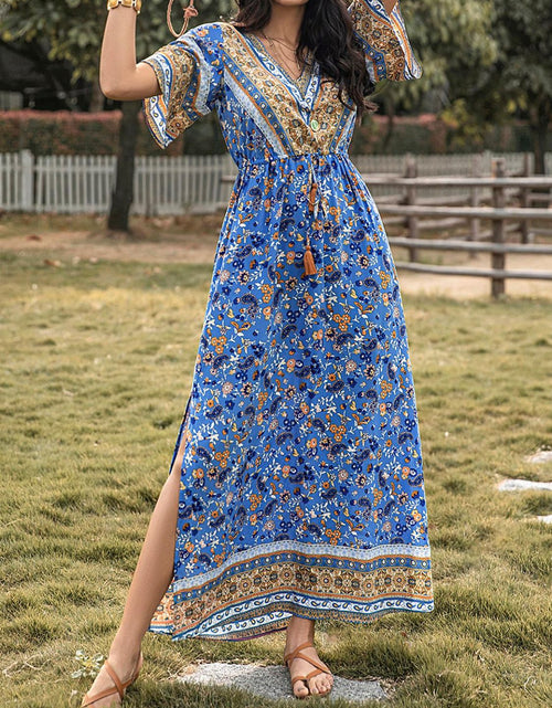 Load image into Gallery viewer, Slit Printed V-Neck Half Sleeve Maxi Dress
