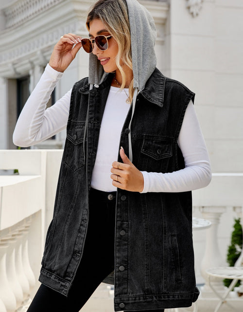 Load image into Gallery viewer, Drawstring Pocketed Button Up Sleeveless Denim Jacket
