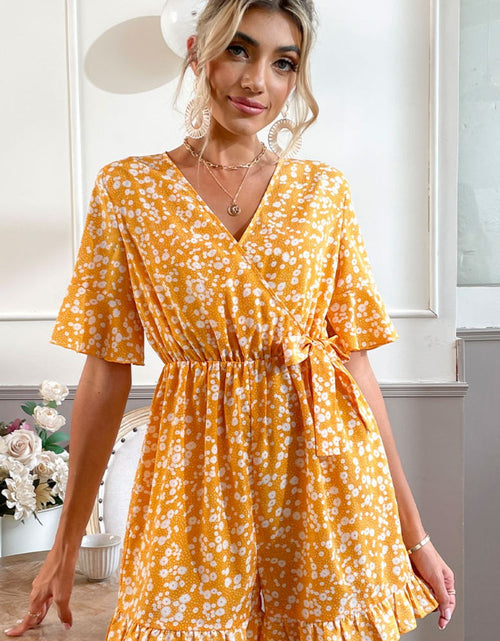 Load image into Gallery viewer, Shiny Printed Surplice Neck Ruffled Romper
