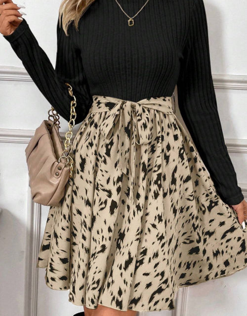Load image into Gallery viewer, Printed Tie Waist Mock Neck Long Sleeve Dress
