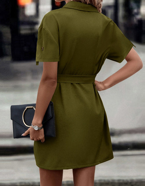 Load image into Gallery viewer, Shiny Tie Waist Collared Dress
