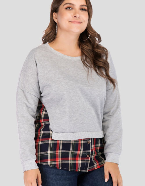 Load image into Gallery viewer, Full Size Plaid Patch Drop Shoulder Round Neck Top
