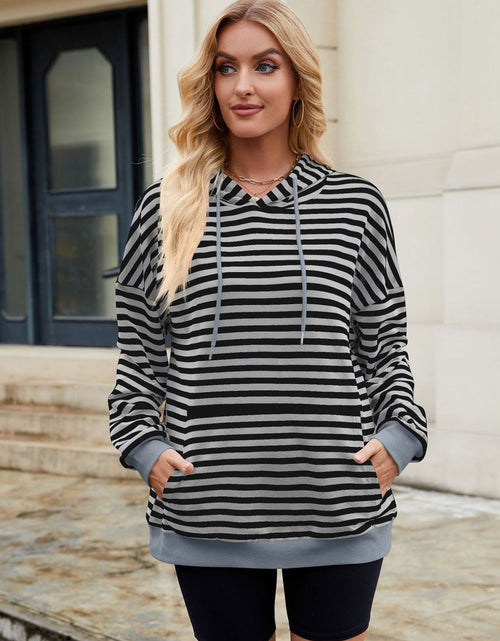 Load image into Gallery viewer, Drawstring Contrast Striped Long Sleeve Hoodie
