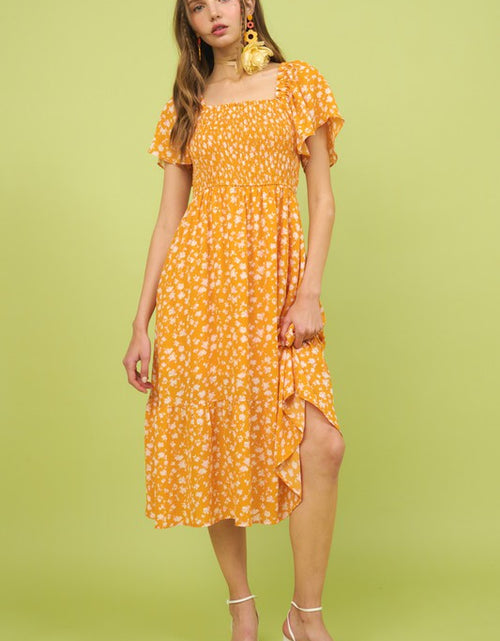 Load image into Gallery viewer, Mittoshop Flower Print Flutter Sleeve Smocked Midi Dress
