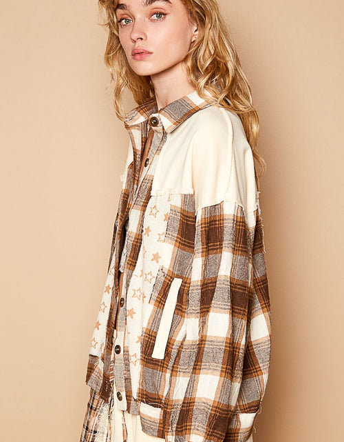 Load image into Gallery viewer, POL Plaid &amp; Star Patchwork Contrast Long Sleeve Shacket
