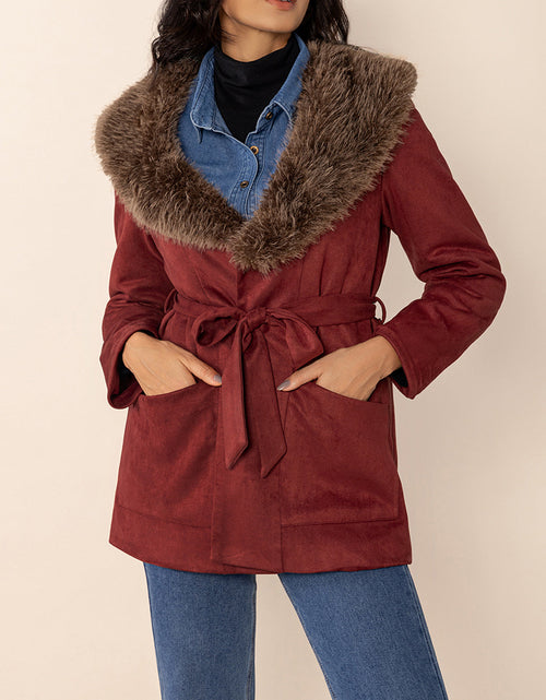 Load image into Gallery viewer, Fuzzy Collared Neck Tie Waist Jacket
