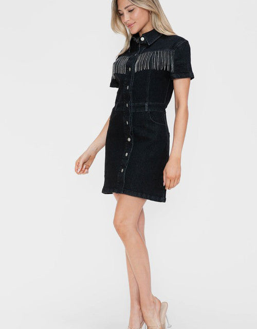 Load image into Gallery viewer, bytos Full Size Embellished Button Down Short Sleeve Denim Dress

