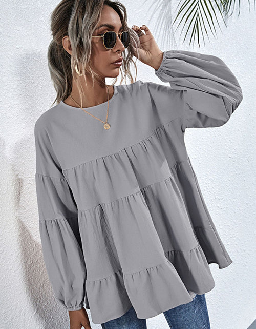 Load image into Gallery viewer, Shiny Round Neck Dropped Shoulder Tiered Blouse
