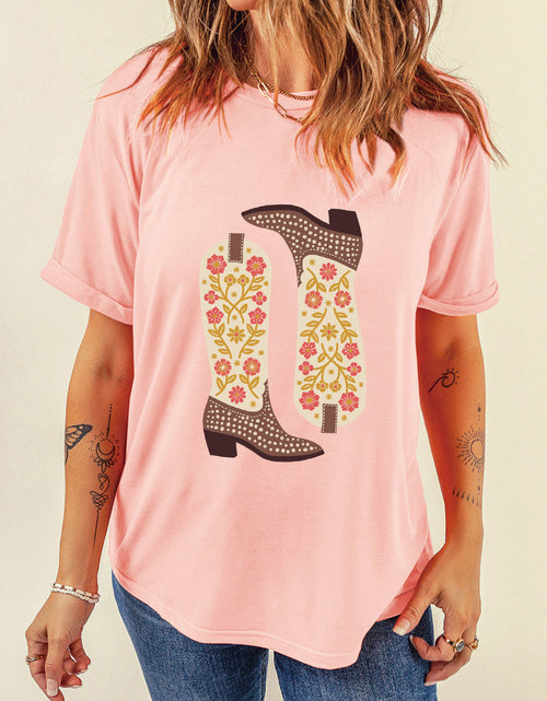 Load image into Gallery viewer, Boot Graphic Round Neck Short Sleeve T-Shirt
