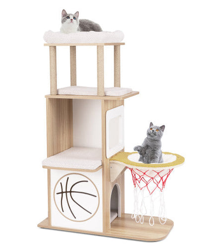 47 Inches Wooden Cat Tree with 2-Story Cat Condo and Basketball Hoop Hammock-Natural