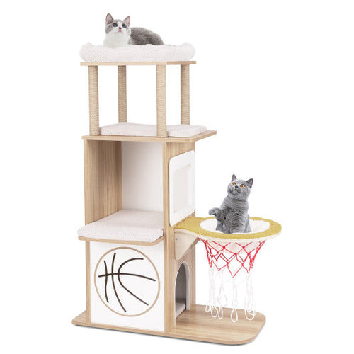 Load image into Gallery viewer, 47 Inches Wooden Cat Tree with 2-Story Cat Condo and Basketball Hoop Hammock-Natural
