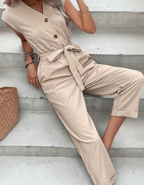 Load image into Gallery viewer, Perfee Capped Sleeve Belted V-Neck Jumpsuit
