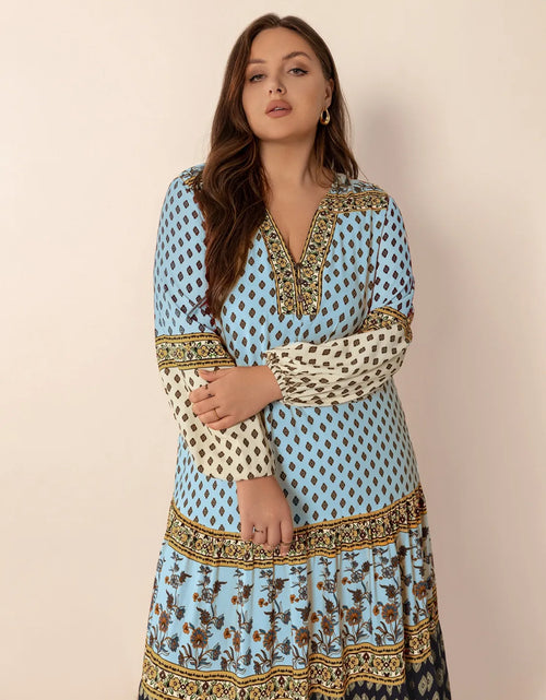 Load image into Gallery viewer, Plus Size Printed V-Neck Balloon Sleeve Maxi Dress
