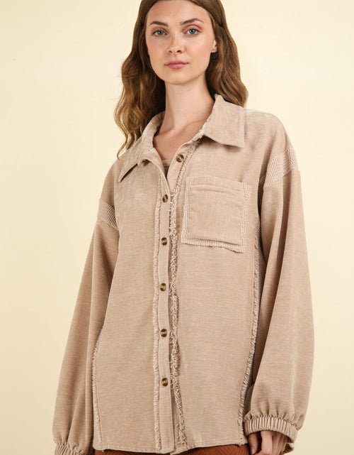 Load image into Gallery viewer, VERY J Mixed Media Button Down Raw Hem Shacket

