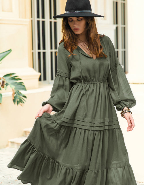 Load image into Gallery viewer, Tie Neck Long Sleeve Midi Tiered Dress
