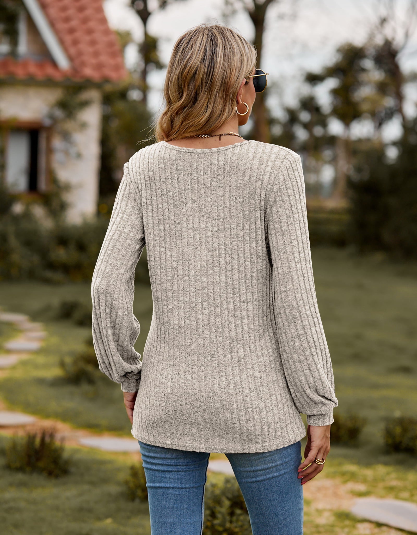Round Neck Button-Down Long Sleeve Tee