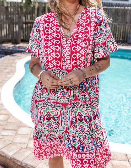 Load image into Gallery viewer, Printed Tie Neck Short Sleeve Dress
