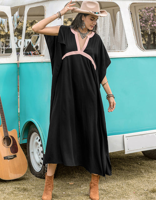 Load image into Gallery viewer, Contrast Trim Notched Slit Short Sleeve Midi Dress

