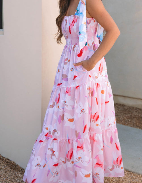 Load image into Gallery viewer, Floral Print Knotted Shoulder Smocked Maxi Dress
