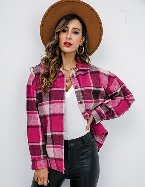 Load image into Gallery viewer, Shiny Plaid Button Up Collared Neck Jacket
