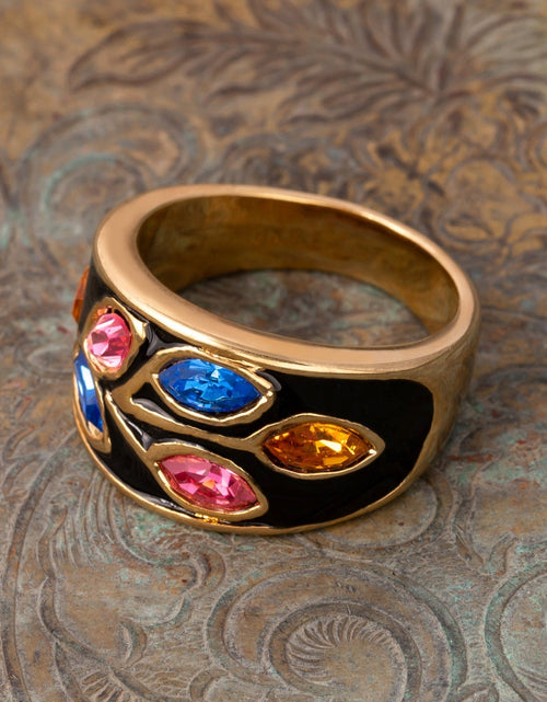Load image into Gallery viewer, Vintage 1980's Black Enamel Ring with Clear Austrian Crystals Leaf Motif 18k Gold Plated by PVD Vintage Jewelry
