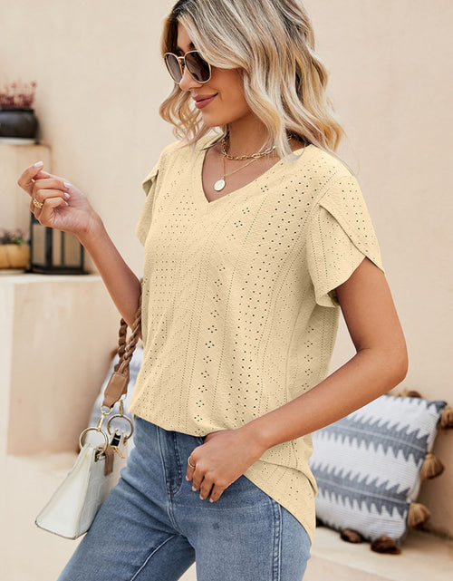 Load image into Gallery viewer, Eyelet Petal Sleeve V-Neck Knit Top
