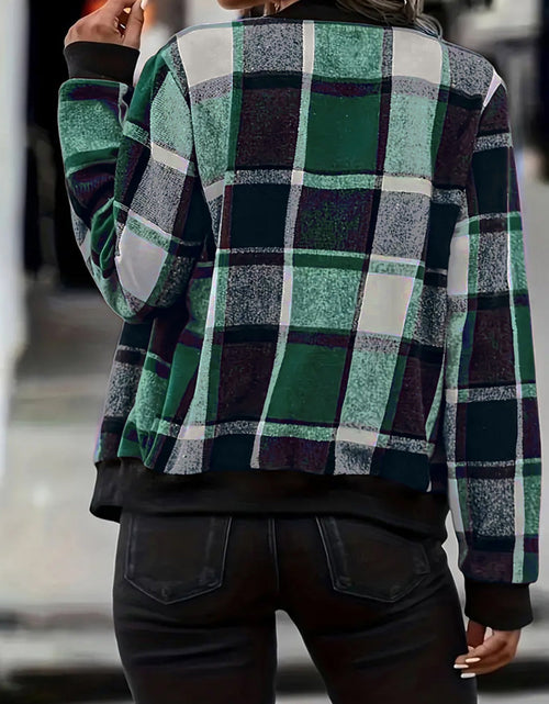Load image into Gallery viewer, Plus Size Plaid Baseball Collar Zip Up Jacket
