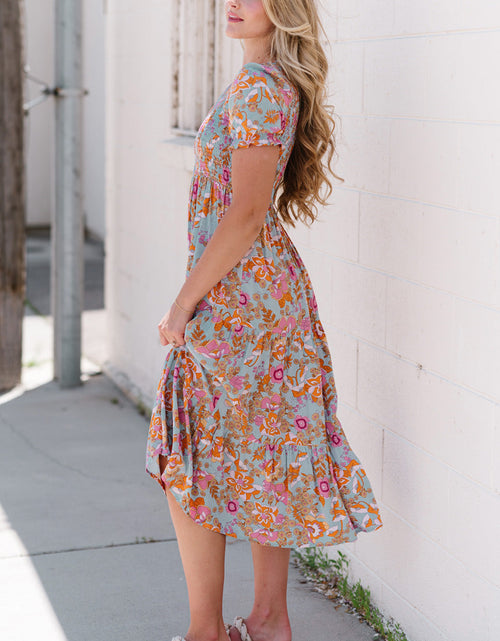 Load image into Gallery viewer, Floral Flounce Sleeve Round Neck Midi Dress
