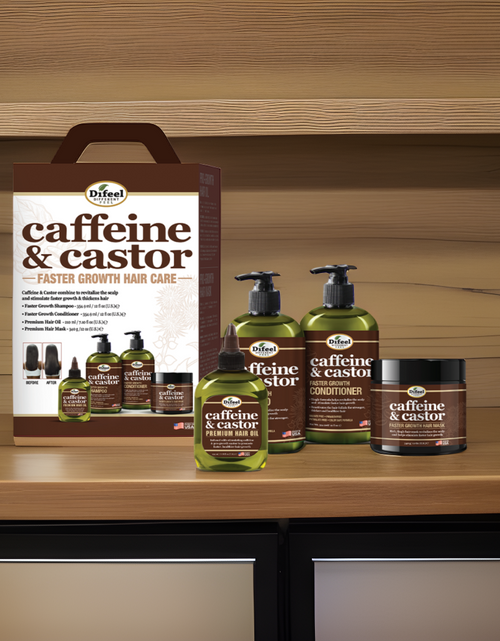 Load image into Gallery viewer, Difeel 4-PC Caffeine &amp; Castor Shampoo &amp; Conditioner Hair Care Gift Set - Includes 12 oz. Shampoo, Conditioner, Hair Mask &amp; 7.1 oz. Hair Oil by difeel - find your natural beauty
