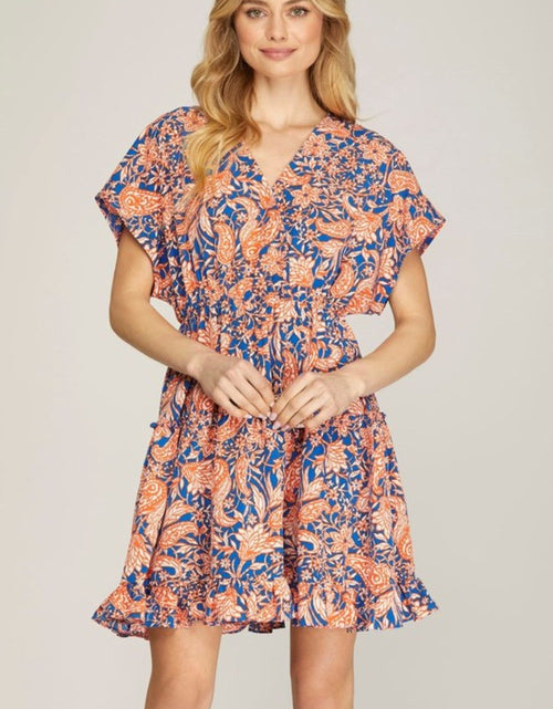 Load image into Gallery viewer, She + Sky Full Size Ruffled Hem Printed Surplice Kimono Sleeve Mini Dress Plus Size
