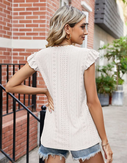 Load image into Gallery viewer, Eyelet Flutter Sleeve Scalloped V-Neck Top
