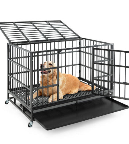 48 Inch Foldable Heavy-Duty Metal Dog Cage with Lockable Rolling Casters and Tray-48 inches