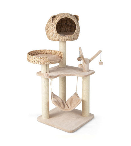 Multi-Level Cat Tree with Condo Hammock and Rotatable Hanging Balls-Natural
