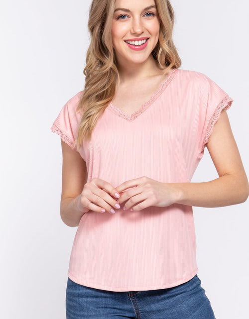 Load image into Gallery viewer, ACTIVE BASIC Lace Trim V-Neck Short Sleeve Ribbed Top
