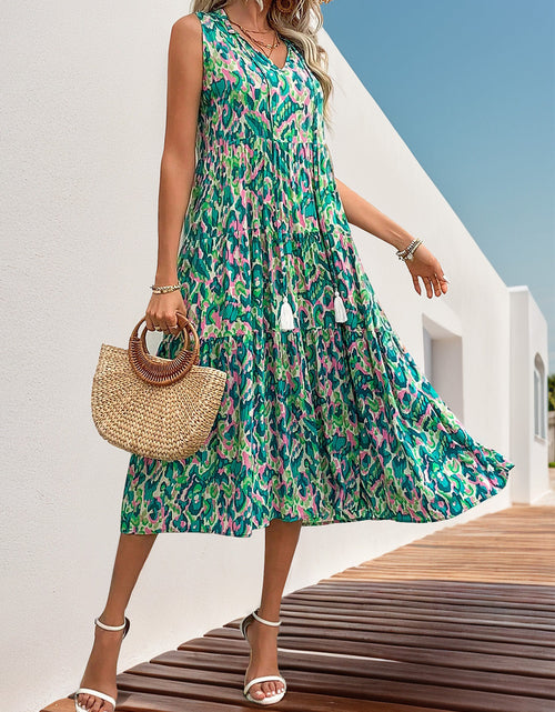 Load image into Gallery viewer, Perfee Tassel Printed Tie Neck Sleeveless Dress
