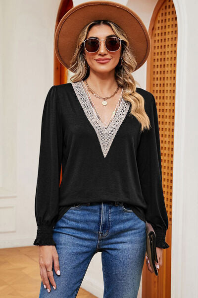 Load image into Gallery viewer, Lace Detail V-Neck Lantern Sleeve T-Shirt
