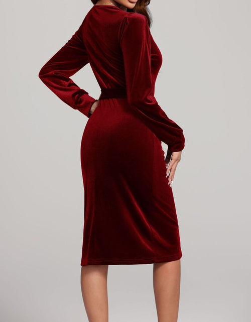 Load image into Gallery viewer, Round Neck Tie Waist Long Sleeve Velvet Dress

