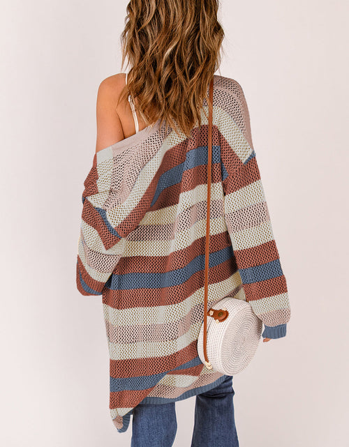 Load image into Gallery viewer, Full Size Striped Long Sleeve Openwork Cardigan
