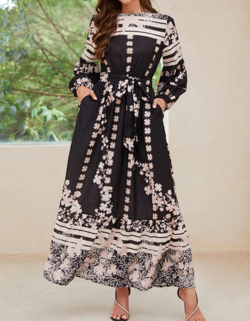 Load image into Gallery viewer, Printed Round Neck Long Sleeve Maxi Dress with Pockets
