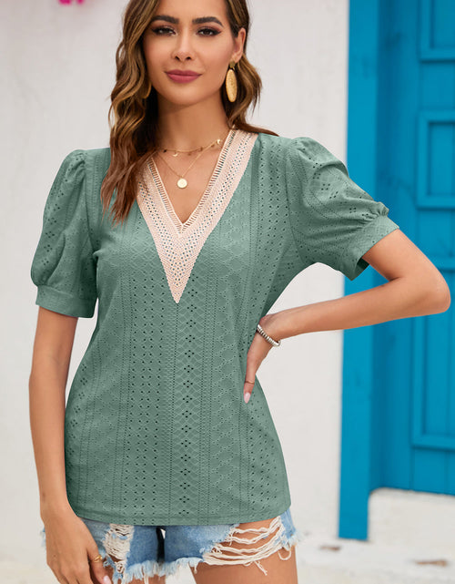 Load image into Gallery viewer, Eyelet V-Neck Short Sleeve T-Shirt
