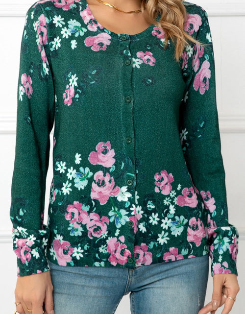 Load image into Gallery viewer, Woven Right Floral Button Front Round Neck Cardigan
