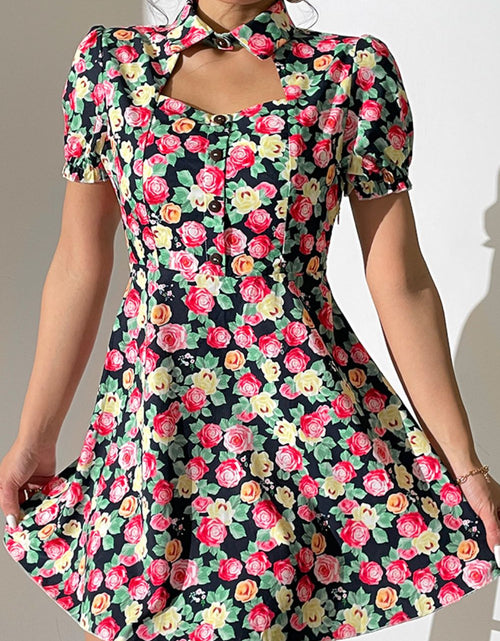 Load image into Gallery viewer, Shiny Floral Buttoned Cutout Puff Sleeve Dress
