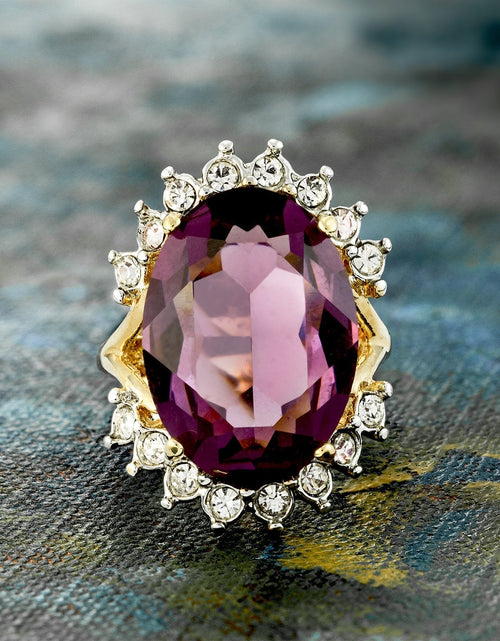 Load image into Gallery viewer, Vintage 1970's Ring Ruby and Clear Austrian Crystals 18k Yellow Gold Plated Band Made in USA by PVD Vintage Jewelry
