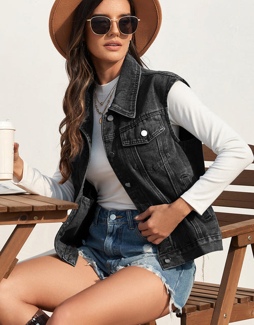 Load image into Gallery viewer, Collared Neck Sleeveless Denim Jacket
