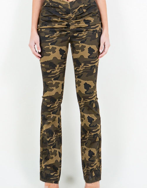 Load image into Gallery viewer, American Bazi V-Cut Ruched Camo Flare Pants
