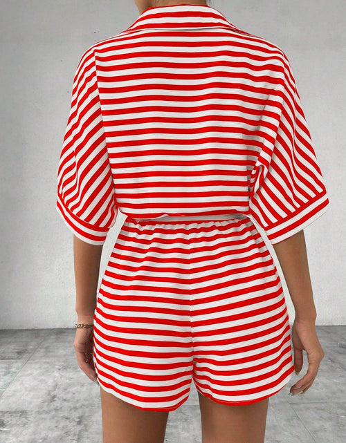 Load image into Gallery viewer, Tie Waist Half Button Striped Romper
