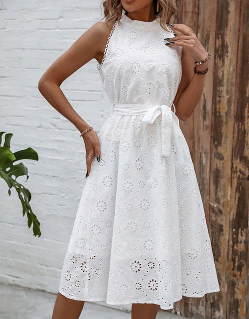 Load image into Gallery viewer, Eyelet Grecian Neck Tie Waist Midi Dress
