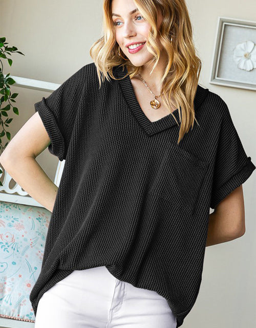 Load image into Gallery viewer, Heimish Full Size Front Pocket Short Sleeve Ribbed Top
