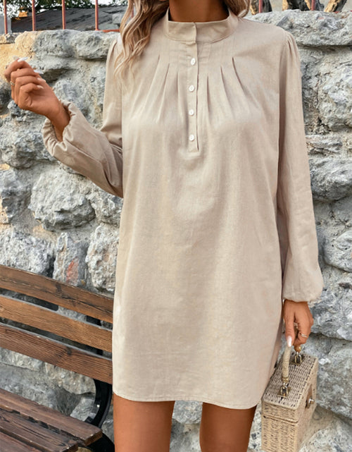 Load image into Gallery viewer, Half Button Mock Neck Long Sleeve Mini Shirt Dress
